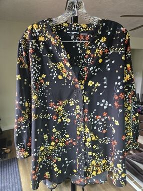 Karl Lagerfeld Black Floral V-Neck Top with Yellow & Red Blooms